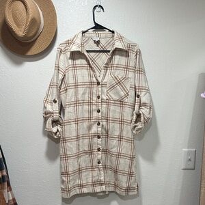 Cozy Casual Cream and Brown Plaid Shirt Dress